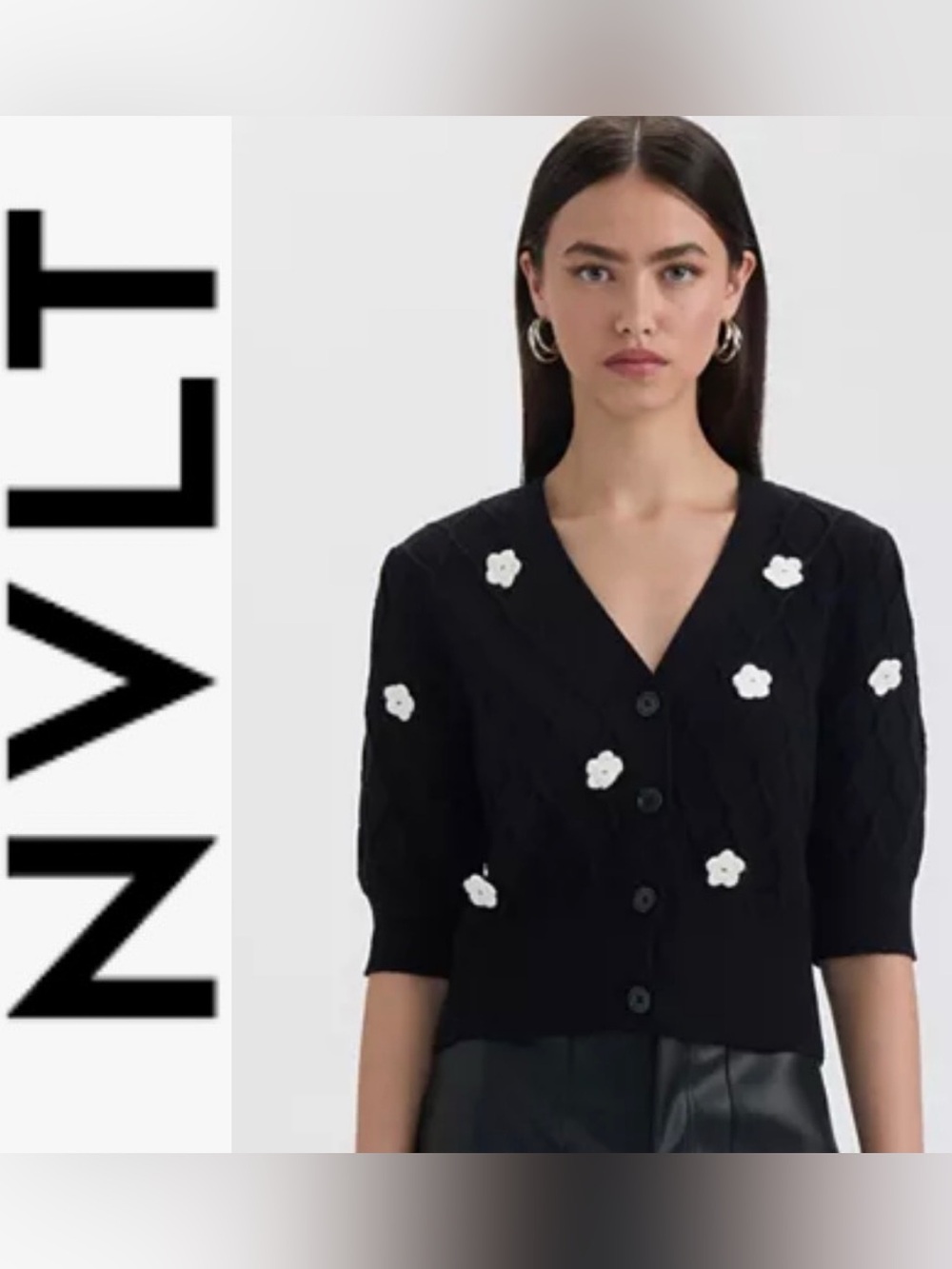 NVLT Puff Sleeve and White Crochet Appliqués Button Front Cardi S